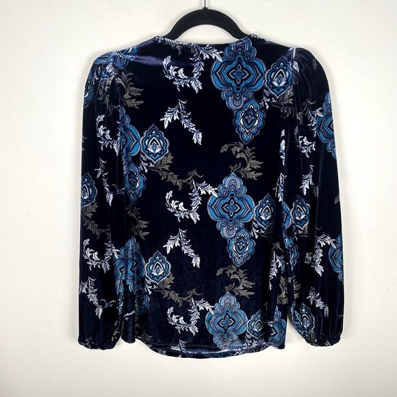 Chicos Bicolor Medallion Velvet Long Puff Sleeve Top Size S Navy Blue V Neck - Picture 2 of 9